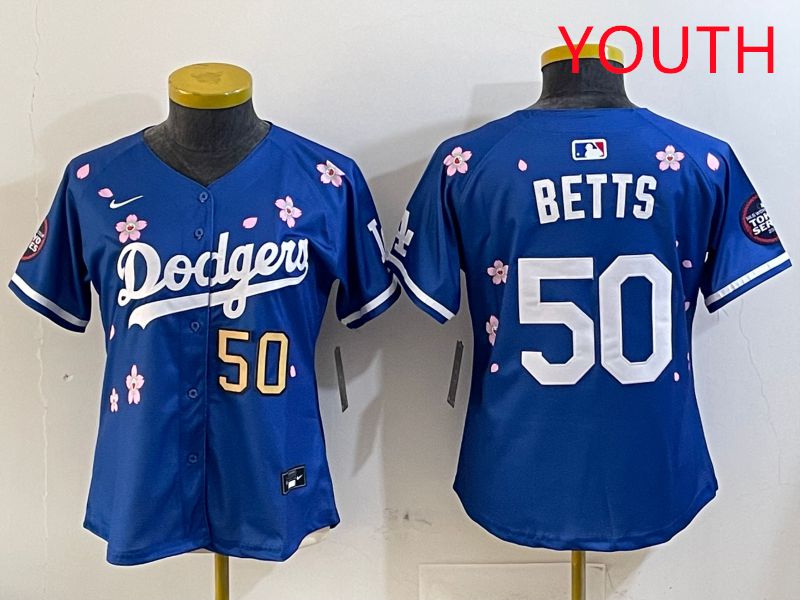 Youth Los Angeles Dodgers #50 Betts Blue Sakura Edition 2025 Nike MLB Jersey style 6